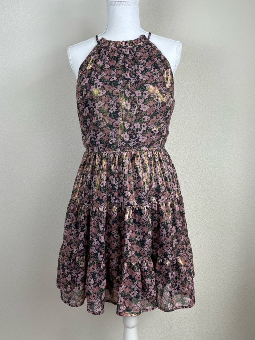 Trixxi Womens Halter Dress Floral Metallic Zip Back Pink Black Mini M Coquette